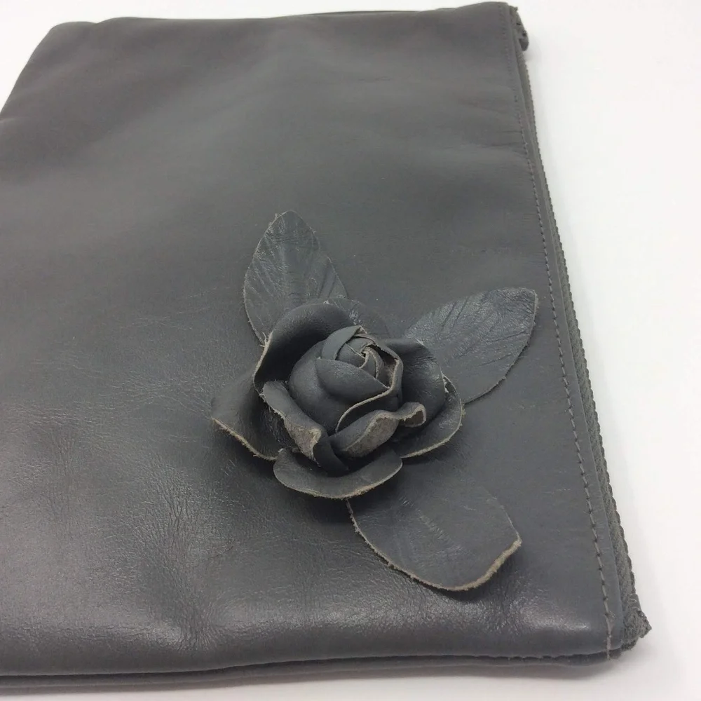 Vintage Gray Leather Clutch Bag w/Decorative Rose